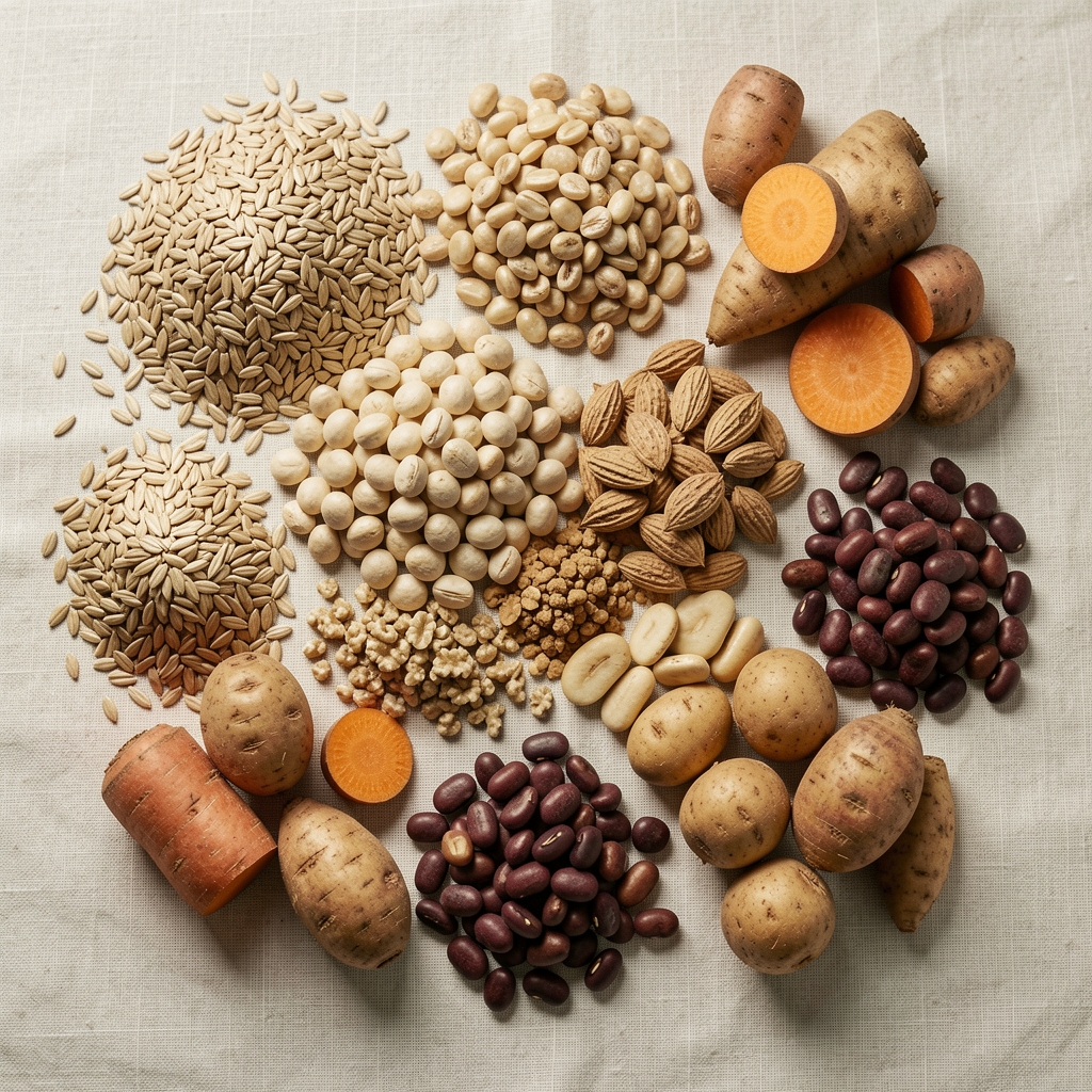 A varied spread of whole grains, legumes and root vegetables on a pale linen surface, natural overhead light, editorial food photography