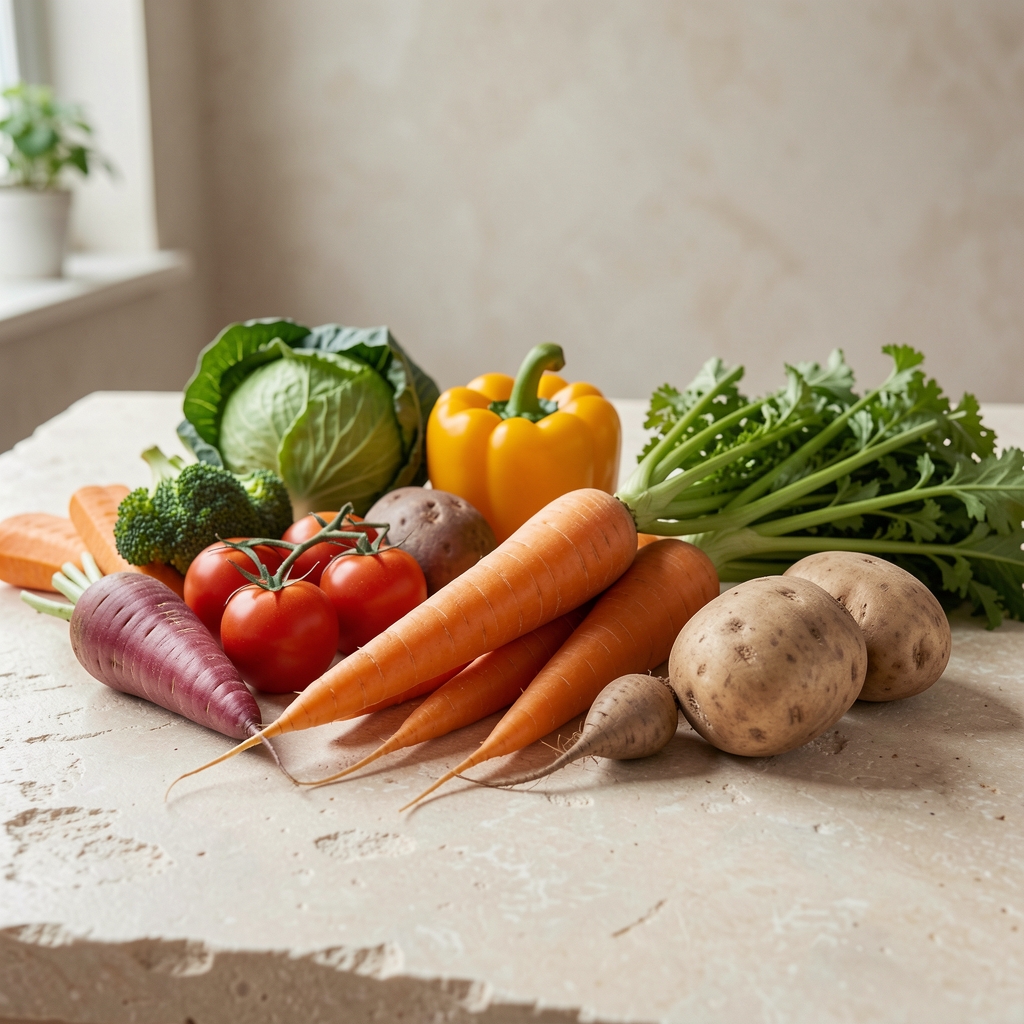 Freshly harvested seasonal vegetables and root produce arranged on a pale stone surface under diffused natural light, editorial composition